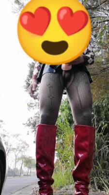 Wearing new clothes and new boots, playing and cumming on the roadside (02:57) - ashemaletube.com