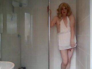White dress soaked in the shower - ashemaletube.com