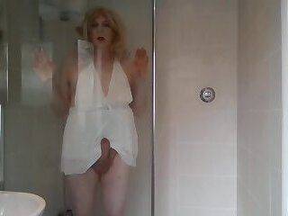 White dress soaked in the shower - ashemaletube.com
