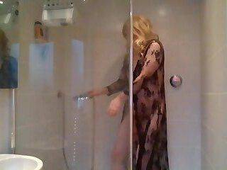 Taking a hot shower in black lingerie - ashemaletube.com